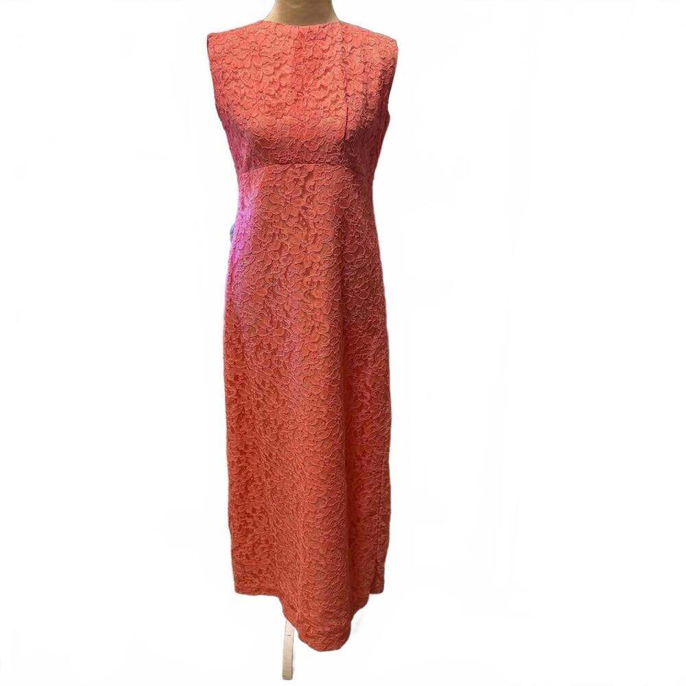 Vintage 60's Mod Coral Lace Column Maxi Dress Gown Sleeveless Midcentury Boho